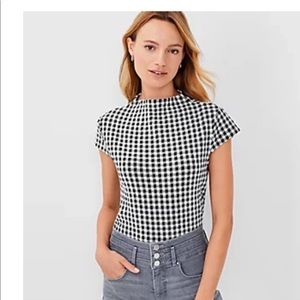 NWT Ann Taylor Gingham Mock Neck Top black white small